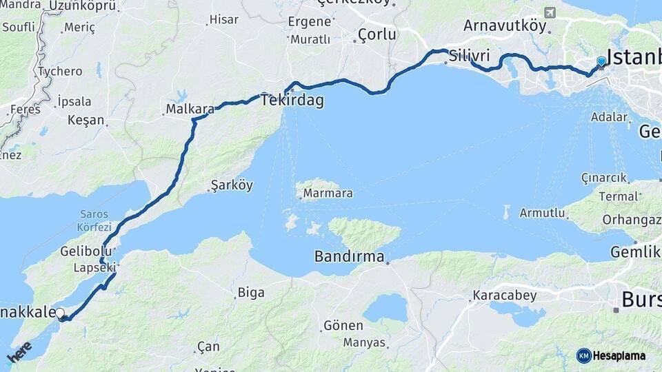 İstanbul Çanakkale Arası Kaç Km - Yol Haritası