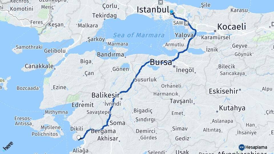 İstanbul Çandarlı Dikili İzmir Arası Kaç Km - Yol Haritası