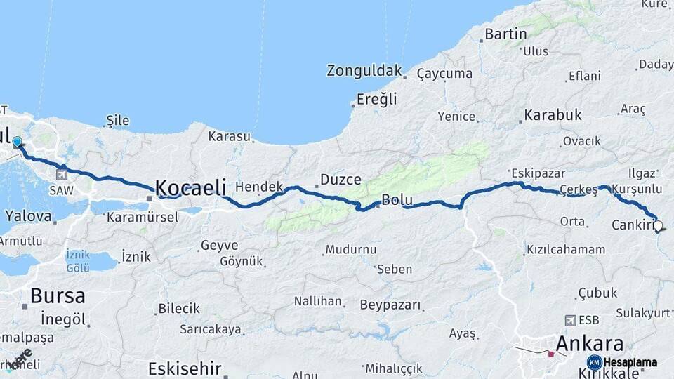 İstanbul Çankırı Arası Kaç Km - Yol Haritası