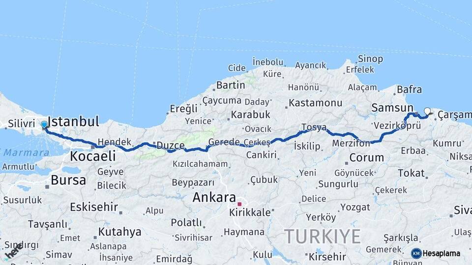 İstanbul Çarşamba Havalimanı Arası Kaç Km - Yol Haritası