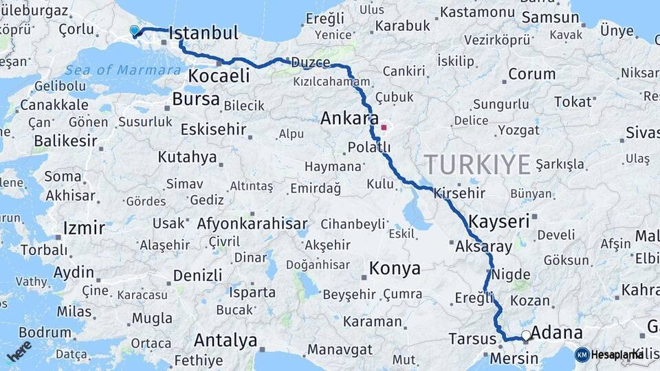İstanbul Çatalca Adana Arası Kaç Km - Yol Haritası