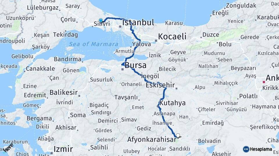 İstanbul Çatalca Afyonkarahisar Arası Kaç Km - Yol Haritası