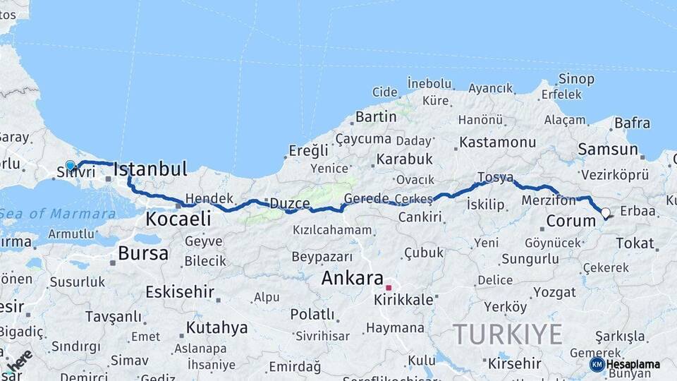 İstanbul Çatalca Amasya Arası Kaç Km - Yol Haritası