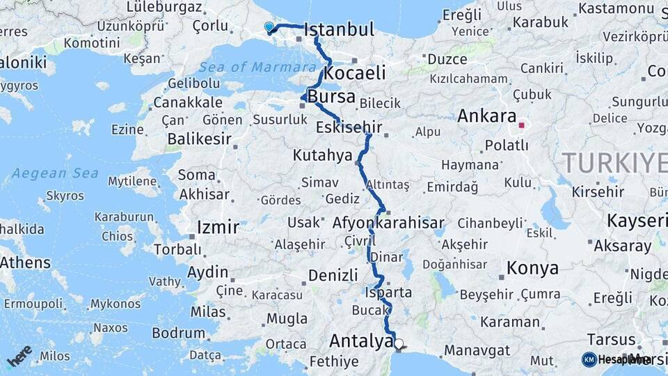 İstanbul Çatalca Antalya Arası Kaç Km - Yol Haritası
