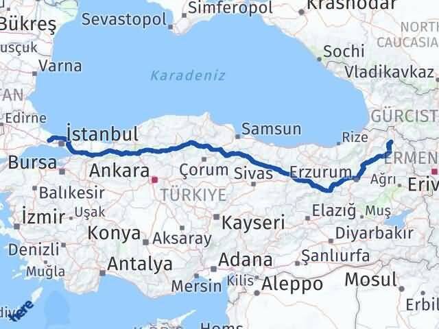 İstanbul Çatalca Ardahan Arası Kaç Km - Yol Haritası