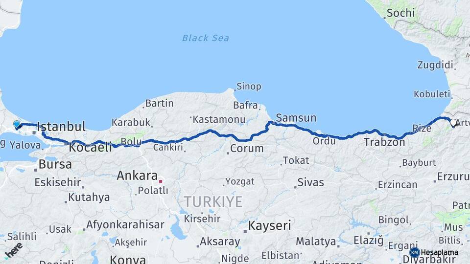 İstanbul Çatalca Artvin Arası Kaç Km - Yol Haritası