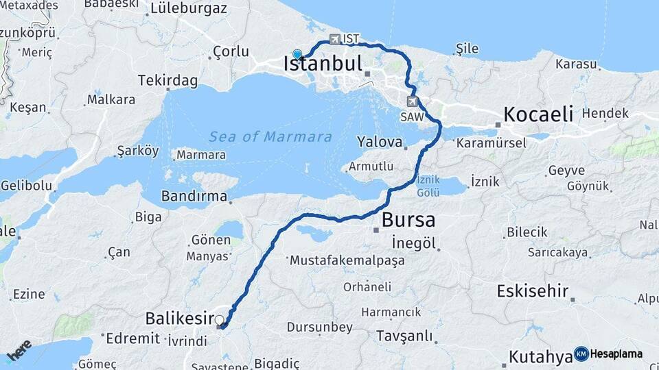 İstanbul Çatalca Balıkesir Arası Kaç Km - Yol Haritası