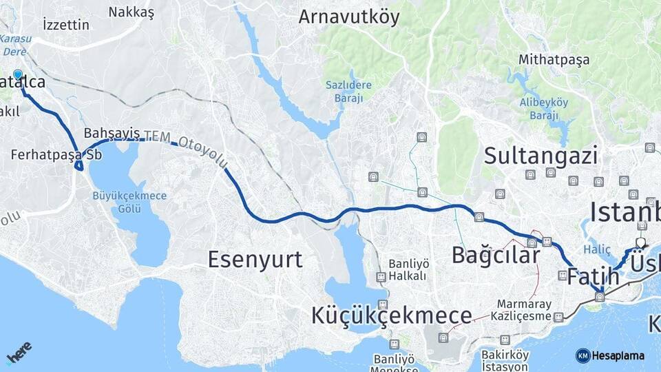 İstanbul Çatalca Beyoğlu Arası Kaç Km - Yol Haritası