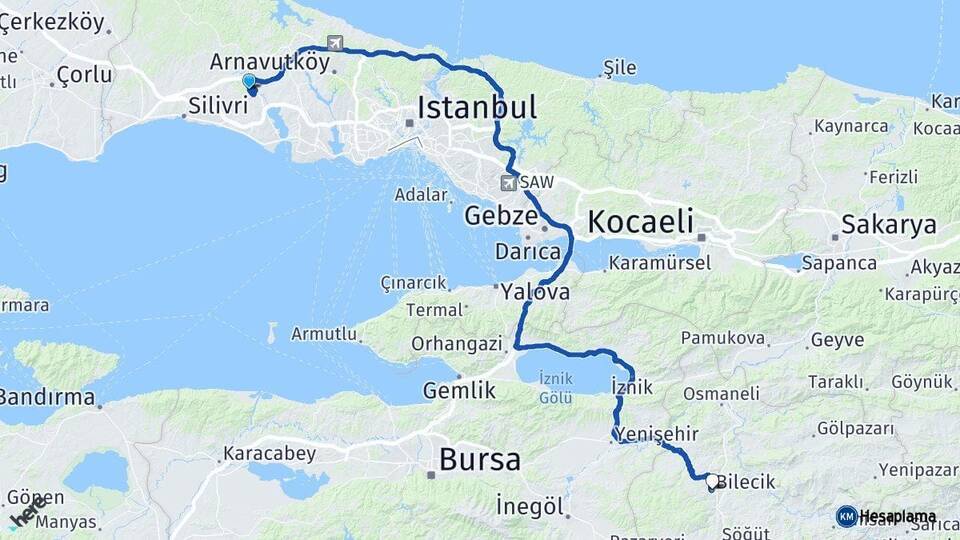 İstanbul Çatalca Bilecik Arası Kaç Km - Yol Haritası