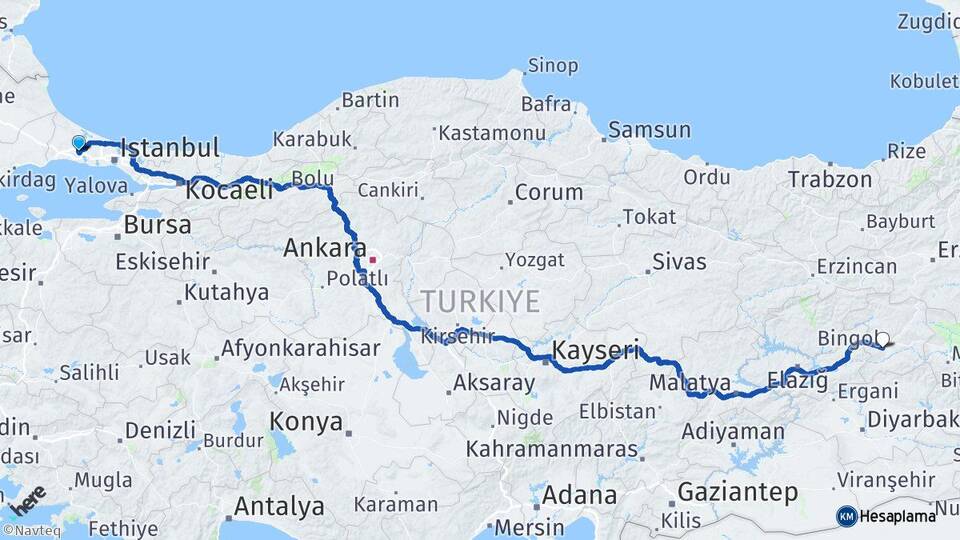 İstanbul Çatalca Bingöl Arası Kaç Km - Yol Haritası