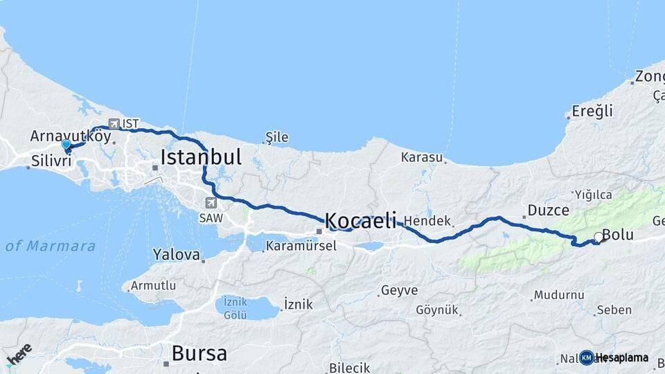 İstanbul Çatalca Bolu Arası Kaç Km - Yol Haritası