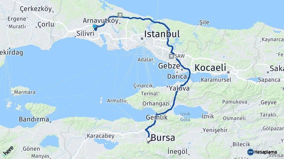 İstanbul Çatalca Bursa Arası Kaç Km - Yol Haritası