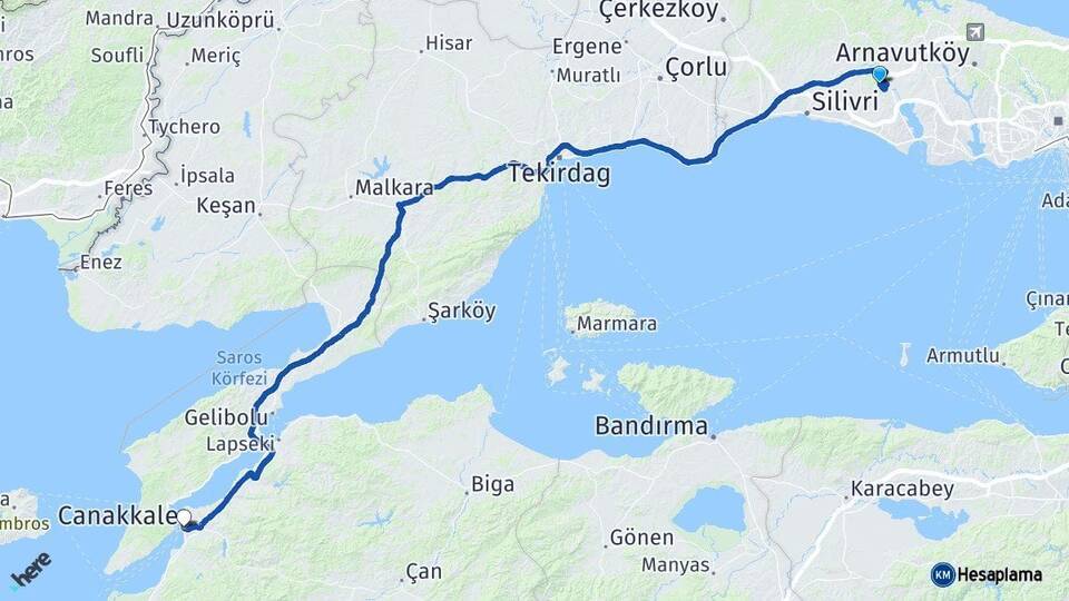 İstanbul Çatalca Çanakkale Arası Kaç Km - Yol Haritası