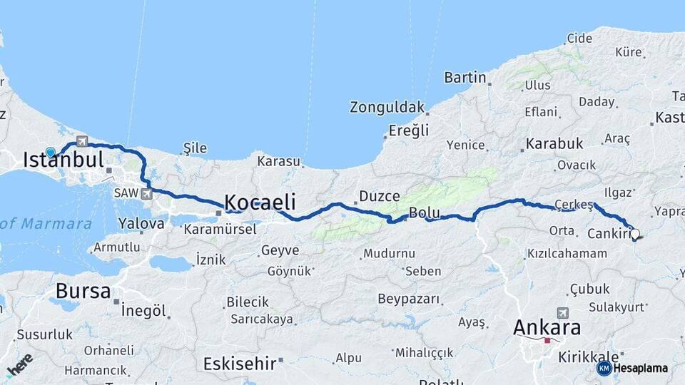 İstanbul Çatalca Çankırı Arası Kaç Km - Yol Haritası