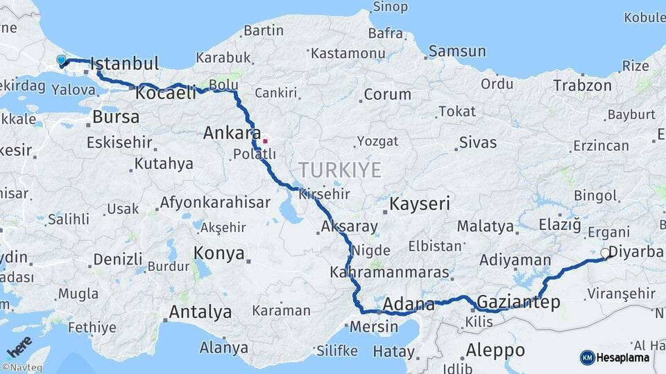 İstanbul Çatalca Diyarbakır Arası Kaç Km - Yol Haritası