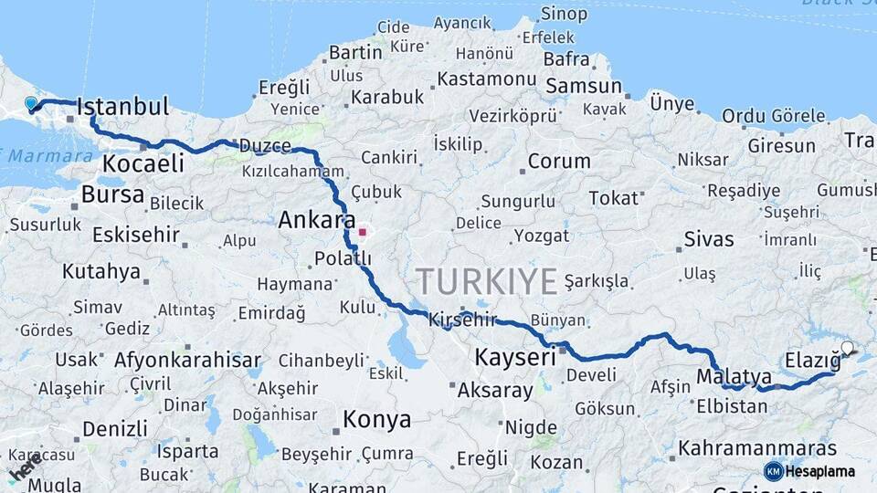 İstanbul Çatalca Elazığ Arası Kaç Km - Yol Haritası