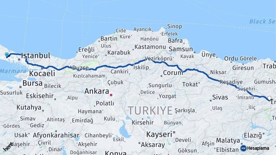 İstanbul Çatalca Erzincan Arası Kaç Km - Yol Haritası