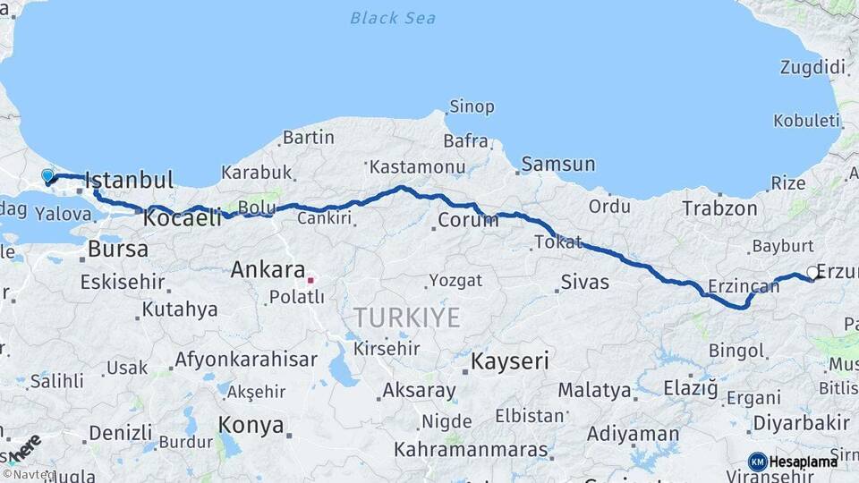 İstanbul Çatalca Erzurum Arası Kaç Km - Yol Haritası