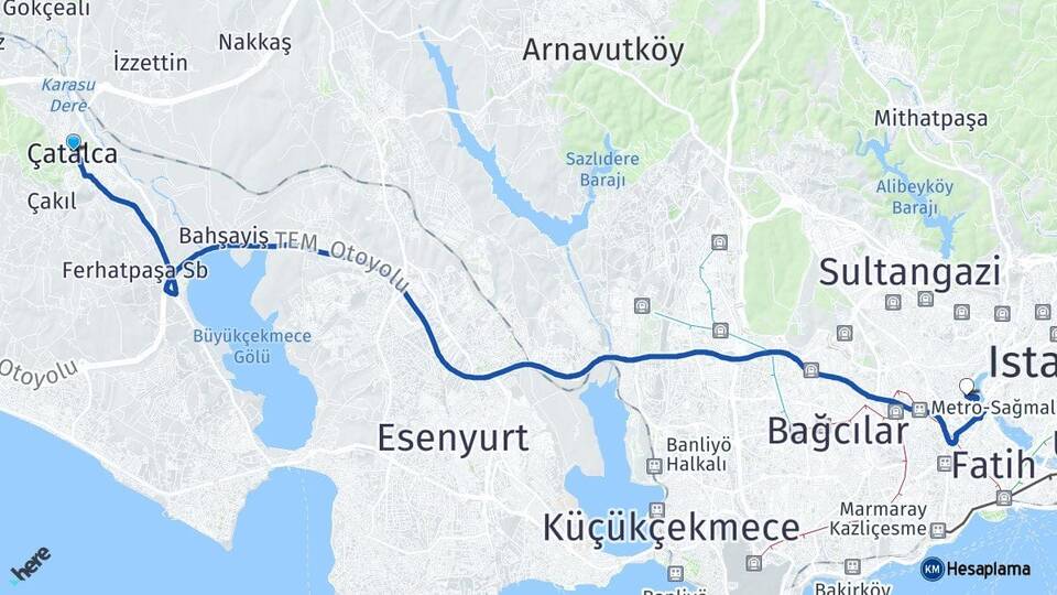 İstanbul Çatalca Eyüpsultan Arası Kaç Km - Yol Haritası