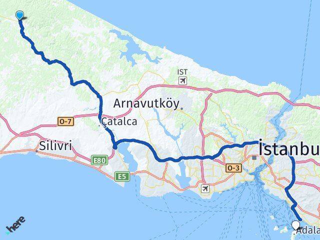 İstanbul Çatalca Fatih Adalar Arası Kaç Km - Yol Haritası