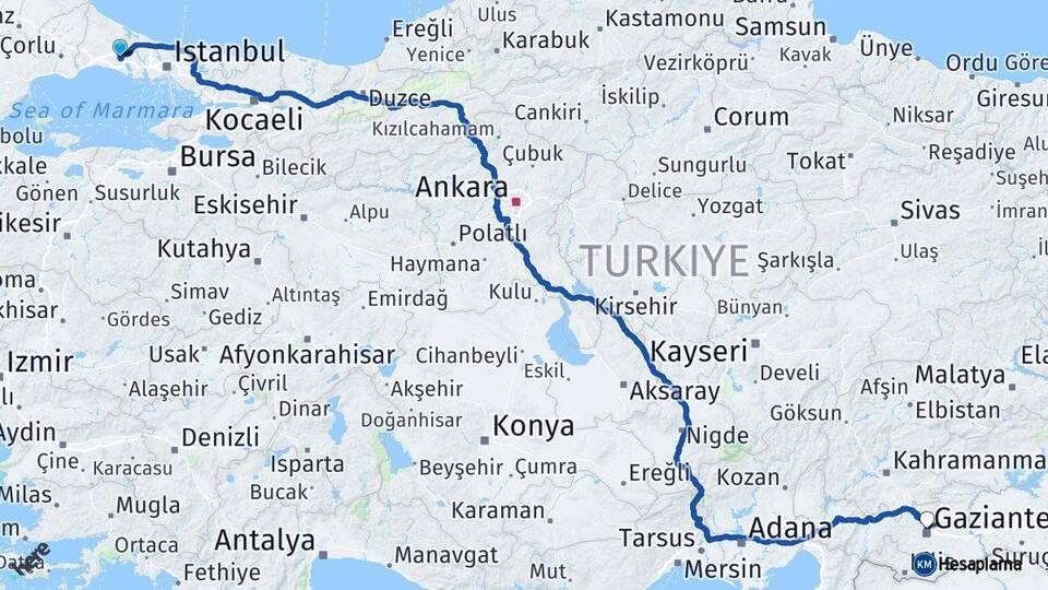 İstanbul Çatalca Gaziantep Arası Kaç Km - Yol Haritası