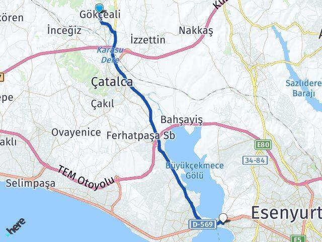 İstanbul Çatalca Gökçeali Büyükçekmece Arası Kaç Km - Yol Haritası