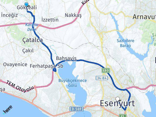 İstanbul Çatalca Gökçeali Esenyurt Arası Kaç Km - Yol Haritası