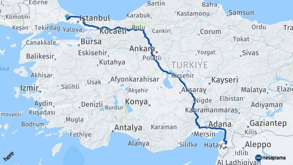 İstanbul Çatalca Hatay Arası Kaç Km - Yol Haritası