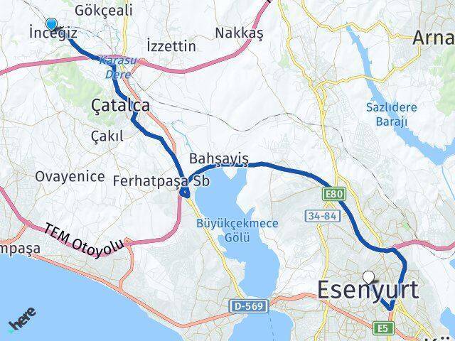 İnceğiz Esenyurt Arası Kaç Km - Yol Tarifi