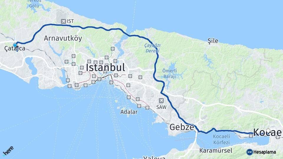 İstanbul Çatalca İzmit Kocaeli Arası Kaç Km - Yol Haritası