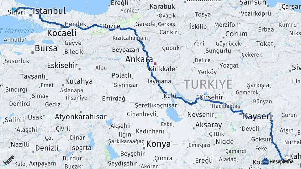 İstanbul Çatalca Kahramanmaraş Arası Kaç Km - Yol Haritası