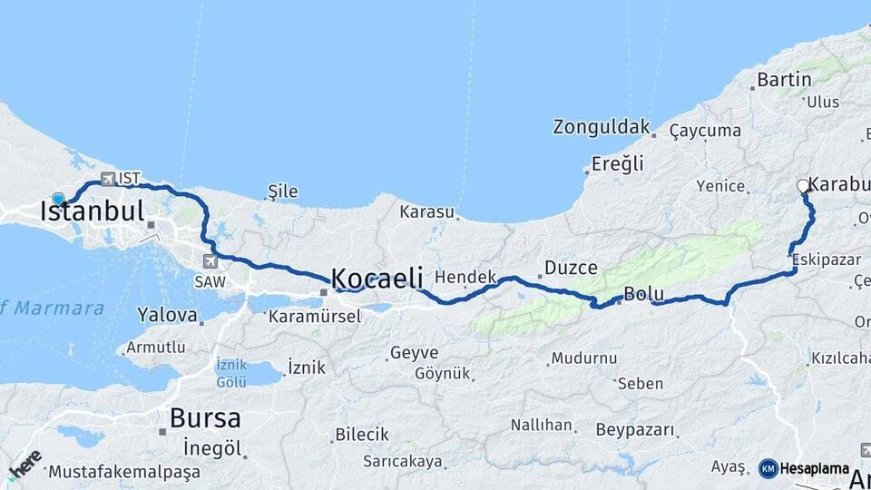 İstanbul Çatalca Karabük Arası Kaç Km - Yol Haritası