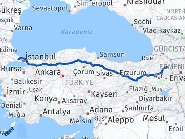 İstanbul Çatalca Kars Arası Kaç Km - Yol Haritası