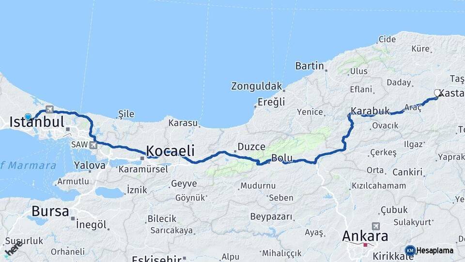 İstanbul Çatalca Kastamonu Arası Kaç Km - Yol Haritası