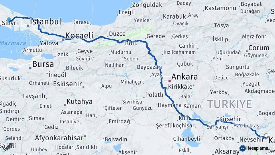İstanbul Çatalca Kayseri Arası Kaç Km - Yol Haritası
