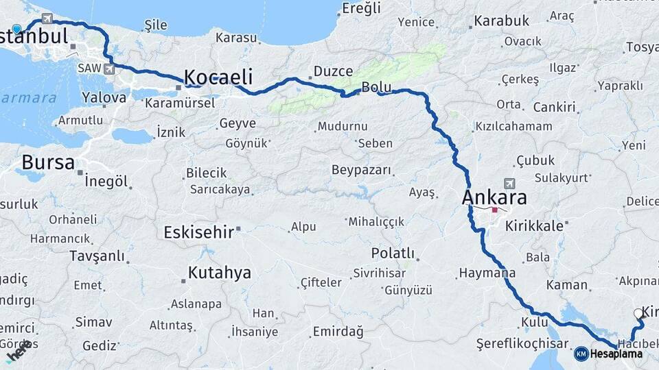 İstanbul Çatalca Kırşehir Arası Kaç Km - Yol Haritası