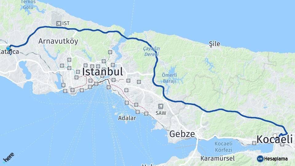 İstanbul Çatalca Kocaeli Arası Kaç Km - Yol Haritası