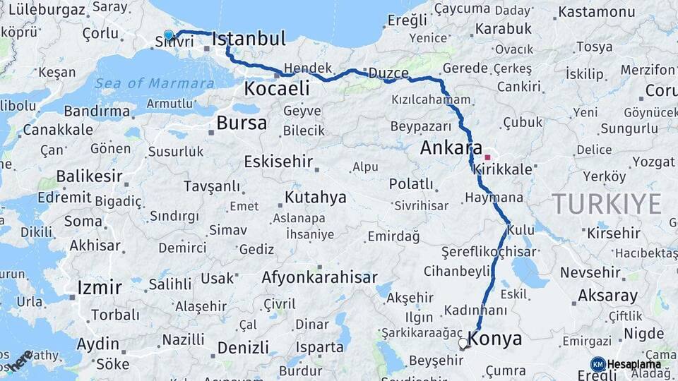 İstanbul Çatalca Konya Arası Kaç Km - Yol Haritası