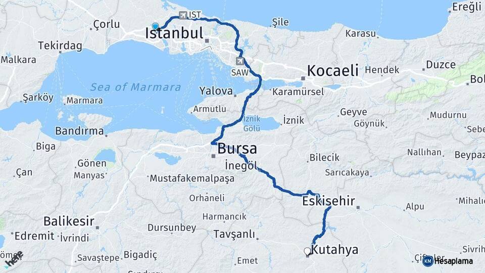 İstanbul Çatalca Kütahya Arası Kaç Km - Yol Haritası