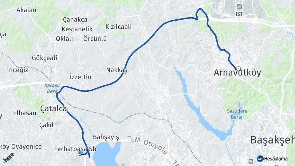 İstanbul Çatalca Muratbey Arnavutköy Arası Kaç Km - Yol Haritası