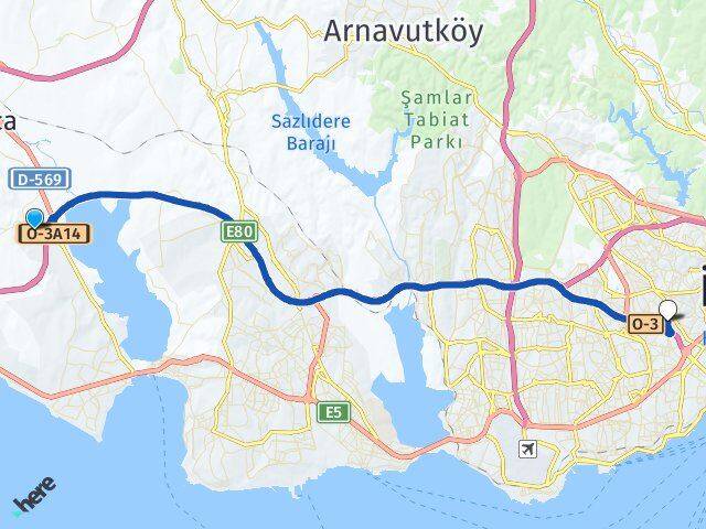 İstanbul Çatalca Muratbey Bayrampaşa Arası Kaç Km - Yol Haritası