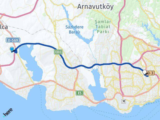 İstanbul Çatalca Muratbey Esenler Arası Kaç Km - Yol Haritası