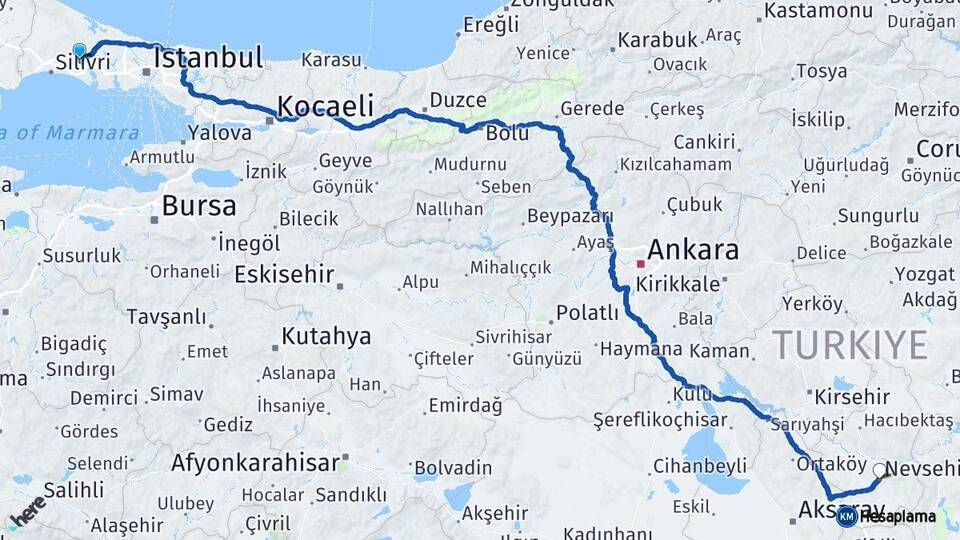 İstanbul Çatalca Nevşehir Arası Kaç Km - Yol Haritası