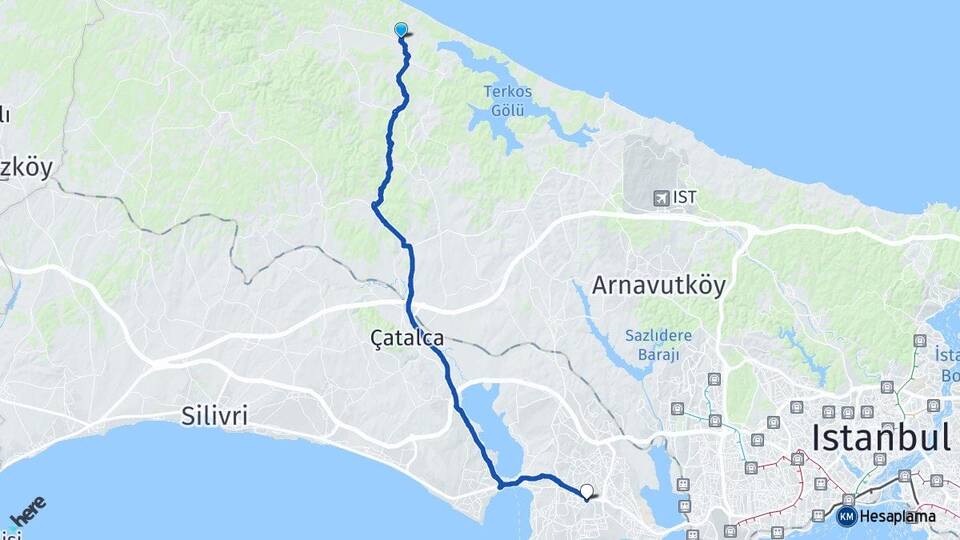 İstanbul Çatalca Ormanlı Beylikdüzü Arası Kaç Km - Yol Haritası