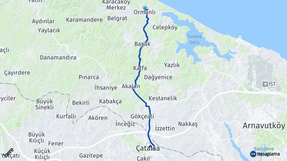 İstanbul Çatalca Ormanlı Çatalca Arası Kaç Km - Yol Haritası