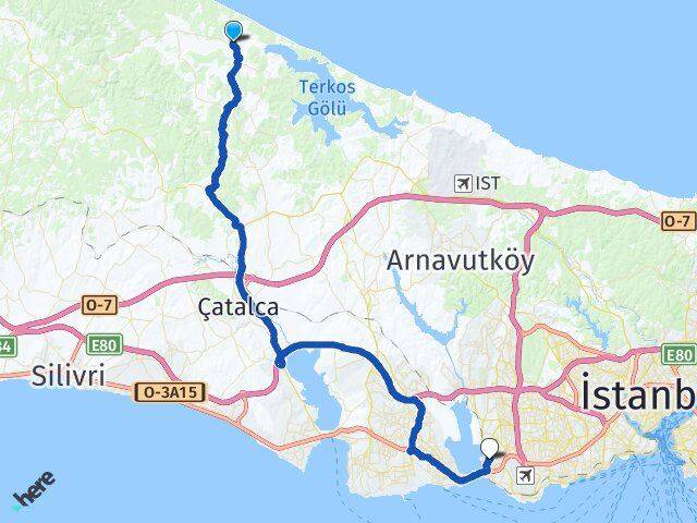 İstanbul Çatalca Ormanlı Küçükçekmece Arası Kaç Km - Yol Haritası