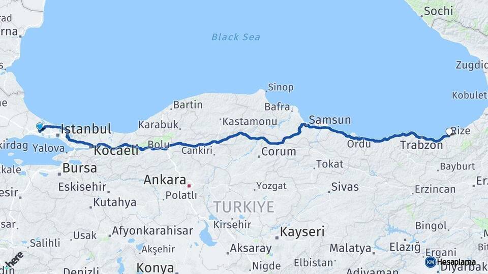İstanbul Çatalca Rize Arası Kaç Km - Yol Haritası