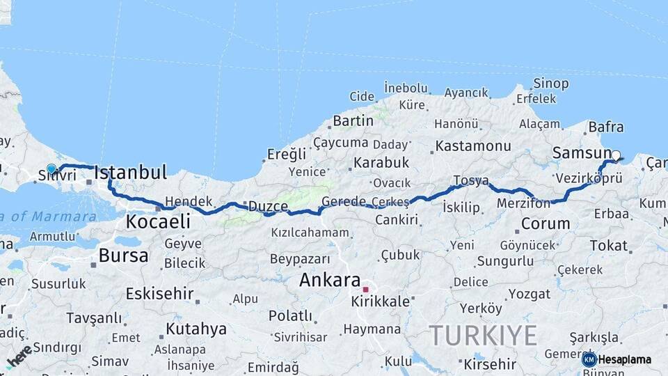 İstanbul Çatalca Samsun Arası Kaç Km - Yol Haritası