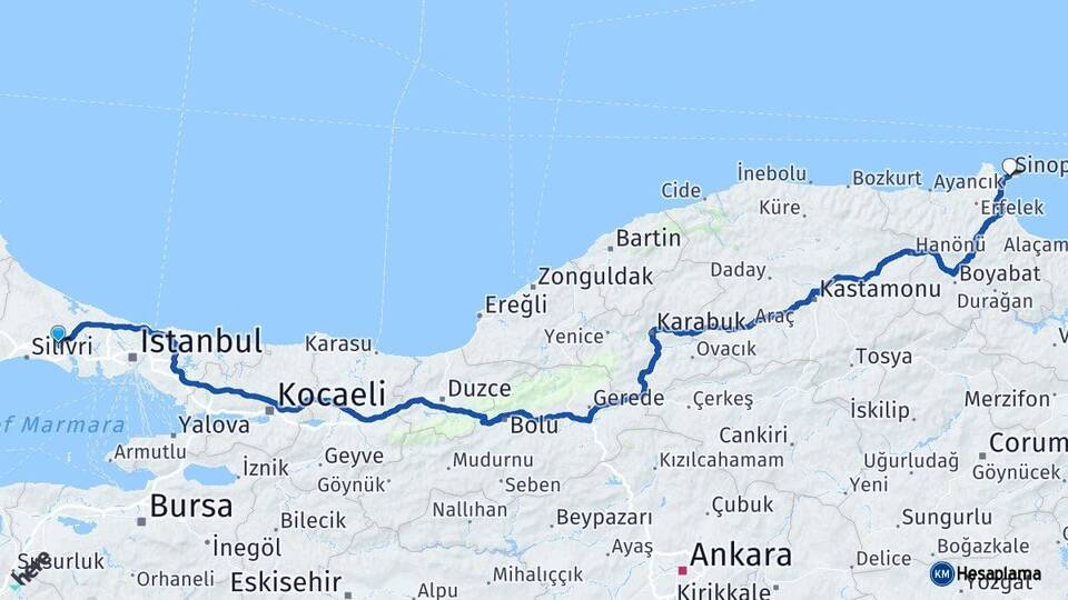 İstanbul Çatalca Sinop Arası Kaç Km - Yol Haritası