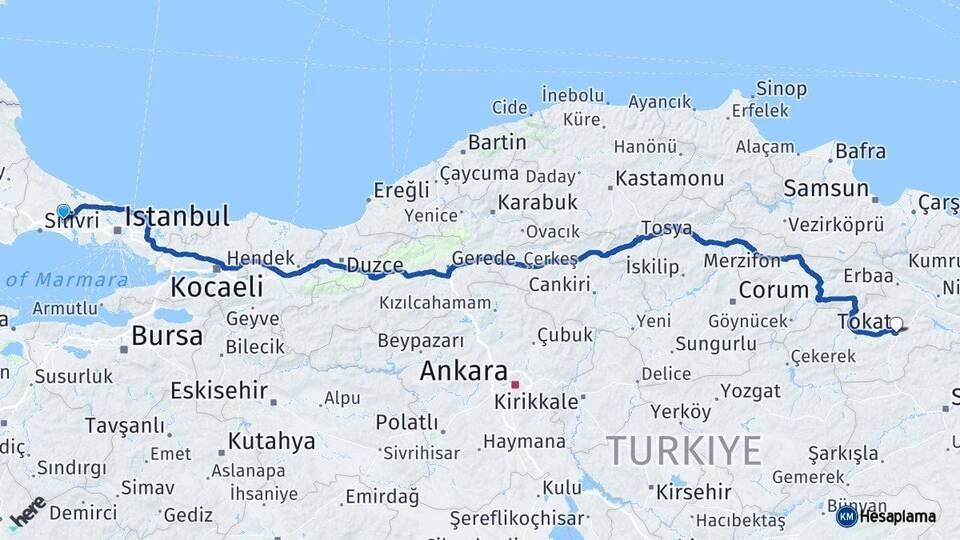 İstanbul Çatalca Tokat Arası Kaç Km - Yol Haritası